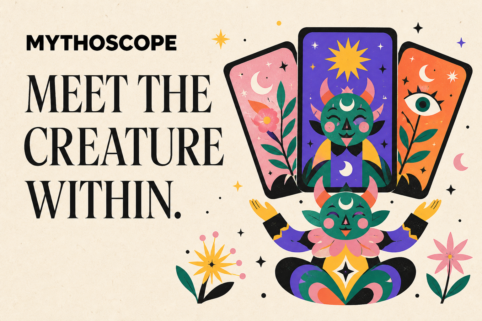 Mythoscope fantasy creature surrounded by colorful oracle cards